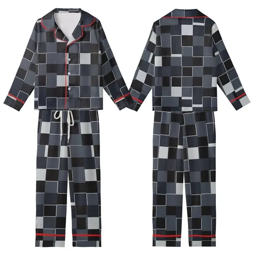 Contemporary Chic Interlocking Geometric Black Grey Abstract Pattern Designer Scarf Kid Satin Pajamas Set