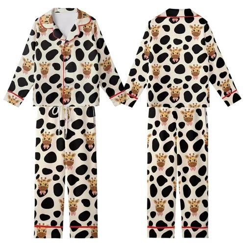 Playful Giraffe Fan: Creamy Beige Black Spotted with Cheerful Wide-Eyed Pink Bow Giraffe Pattern Wear Kid Satin Pajamas Set