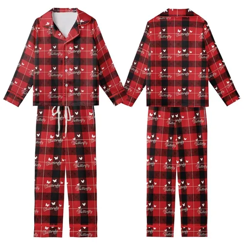 Butterfly Lover's Vibrant Red Black Scottish Tartan Plaid White Script Wearable Art Kid Satin Pajamas Set