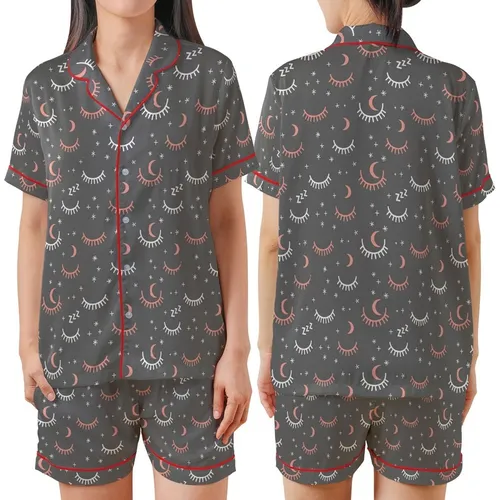 Dreamer's Everyday Essential: Charcoal Heather Sleeping Eye Moon Zzz Pattern Satin Short-Sleeve Pajamas Set