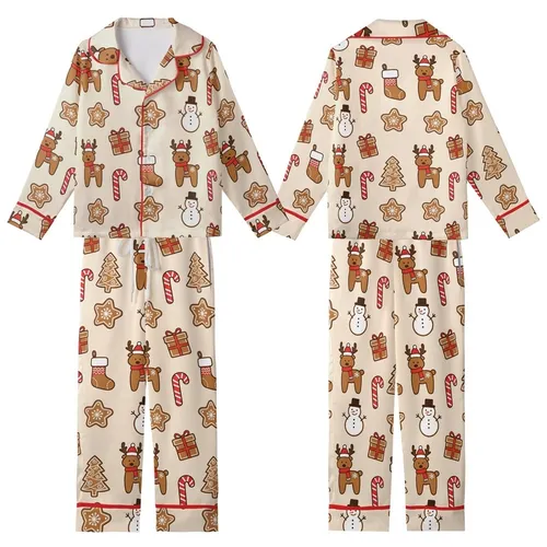 Christmas Enthusiast's Gingerbread Cookie Reindeer Tree Star Snowman Candy Cane Stocking Scatter Pattern Kid Satin Pajamas Set