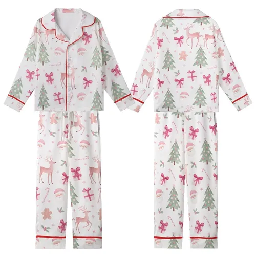 Whimsical Pink Christmas Watercolor Scatter - Santa, Reindeer, Trees, Gifts Design Kid Satin Pajamas Set