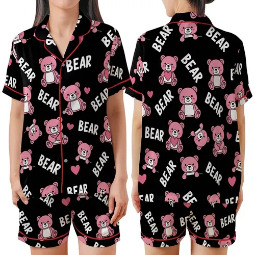 Whimsical Bear Lover Pink Cartoon Teddy Bear & 'BEAR' Text Heart Design Satin Short-Sleeve Pajamas Set