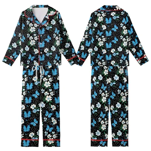 Nature Lover's Azure Indigo Butterfly White Blue Blossom Black Comfortwear Piece Kid Satin Pajamas Set