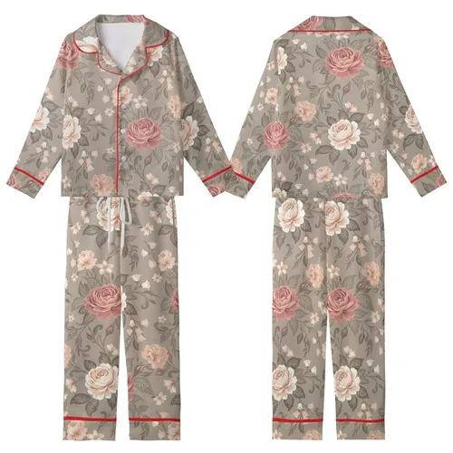 Women's Elegant Botanical Rose Garden Design: Dusty Rose Peach & Greige Blooms Kid Satin Pajamas Set