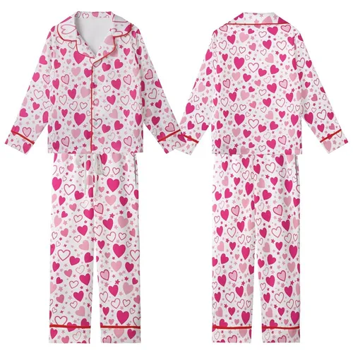 Whimsical Dreamer's Fuchsia Bubblegum Pink Hearts & Stars Floating Pattern Kid Satin Pajamas Set