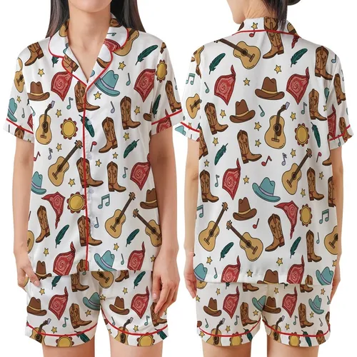 Western Spirit Whimsical Guitars Boots Stars Rustic Country Music Pattern Design Satin Short-Sleeve Pajamas Set