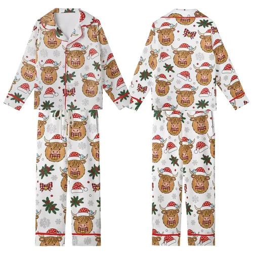 Festive Highland Cow Christmas Design: Cartoon Santa Hat, Plaid Bow, Pine, Snowflake Accents Kid Satin Pajamas Set