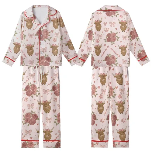Fluffy Highland Cow Pastel Pink Rose Design with Leopard Hearts - Rustic Chic Wearable Art Kid Satin Pajamas Set
