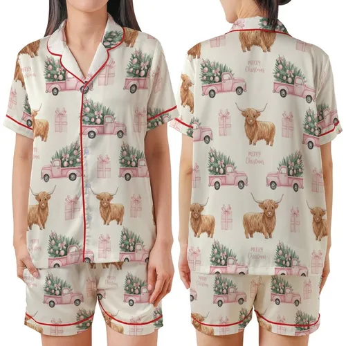 Whimsical Holiday: Highland Cow, Pink Christmas Truck & Gift Pattern with Merry Text - Watercolor Design Satin Short-Sleeve Pajamas Set