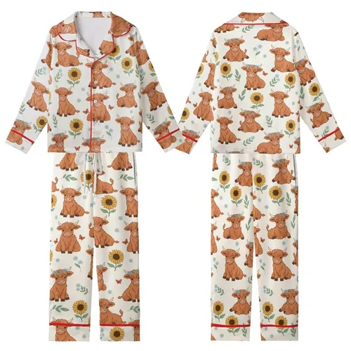 Fluffy Baby Highland Cow Flower Crown Sunflowers Whimsical Nature Wearable Art Kid Satin Pajamas Set