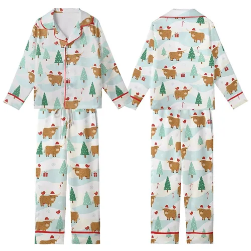 Cozy Holiday Loungewear: Whimsical Highland Cow Winter Wonderland, Snowy Hills & Santa Hats Kid Satin Pajamas Set
