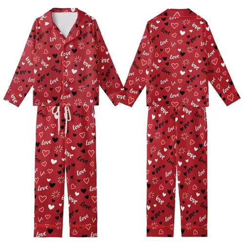Affectionate Style: Vibrant Red Handwritten Love Hearts & Radiating Lines Statement Wear Kid Satin Pajamas Set