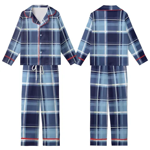 Modern Abstract Plaid: Dynamic Grid Navy Sky Blue Grey Seamless Design - Fashion Accent Kid Satin Pajamas Set