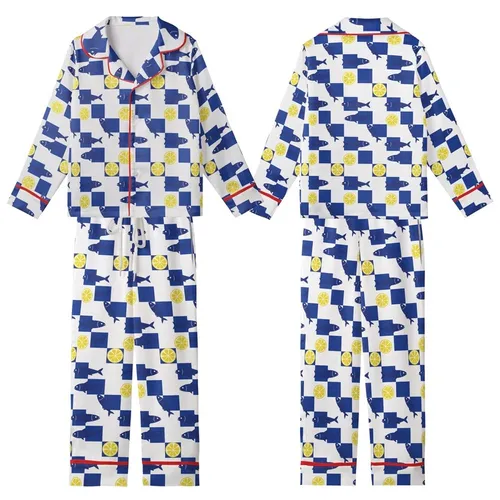 Vibrant Coastal Design: Royal Blue White Checkerboard Sardine Lemon Flat Graphic Wearable Kid Satin Pajamas Set