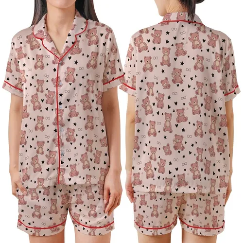 Sweetheart's Pale Pink Teddy Bear Heart Bow Star Scatter Design Cozy Wrap Satin Short-Sleeve Pajamas Set