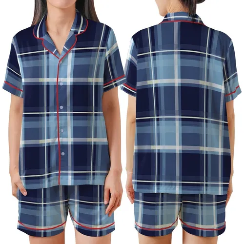 Modern Abstract Plaid: Dynamic Grid Navy Sky Blue Grey Seamless Design - Fashion Accent Satin Short-Sleeve Pajamas Set
