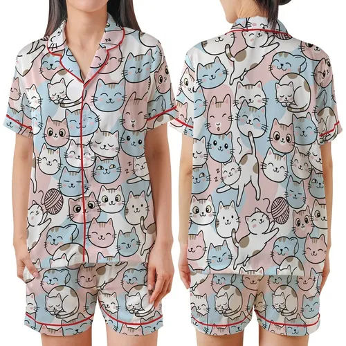 Cat Lovers : Hand-Drawn Kitten Expressions & Playful Poses - Pastel Feline Motif Satin Short-Sleeve Pajamas Set