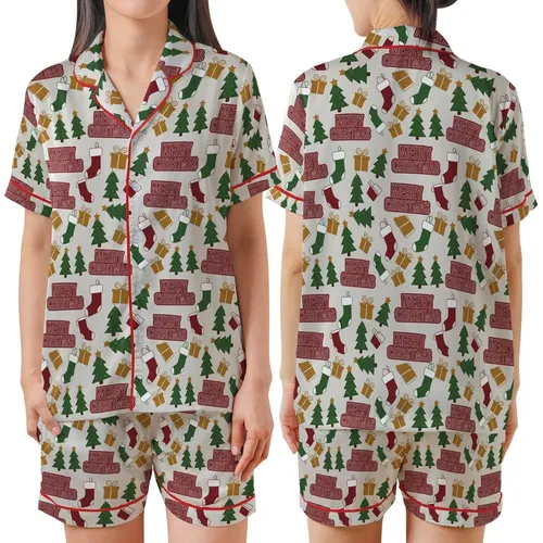 Festive Celebrator's Merry Christmas Text Tree Present Stocking All-Over Pattern Fabric Satin Short-Sleeve Pajamas Set