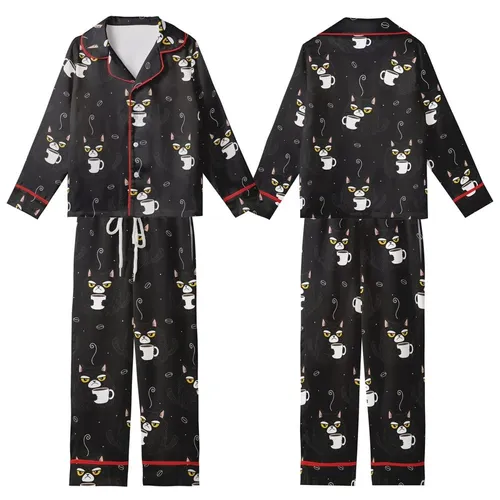 Cat Lover's Grumpy Shaggy Black Cat Coffee Mug Repeating Pattern – Humorous Wearable Art Kid Satin Pajamas Set