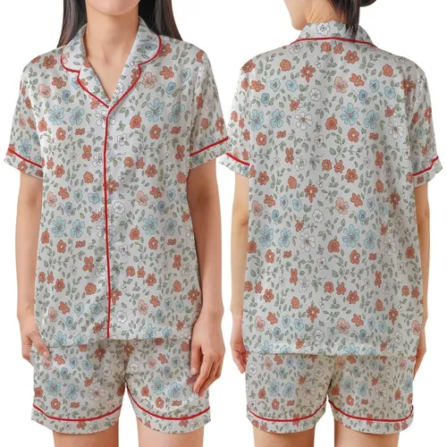 Delicate Floral Dream: Muted Terracotta Blue Pink Blossom & Vine Motif on Silver-Grey - Wearable Fabric Satin Short-Sleeve Pajamas Set
