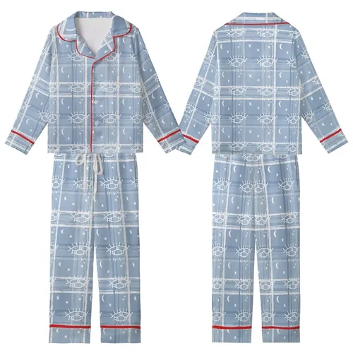 Celestial Dreamer's Stylized Closed Eye & Crescent Moon Design: Muted Dusty Blue Tartan Plaid Kid Satin Pajamas Set