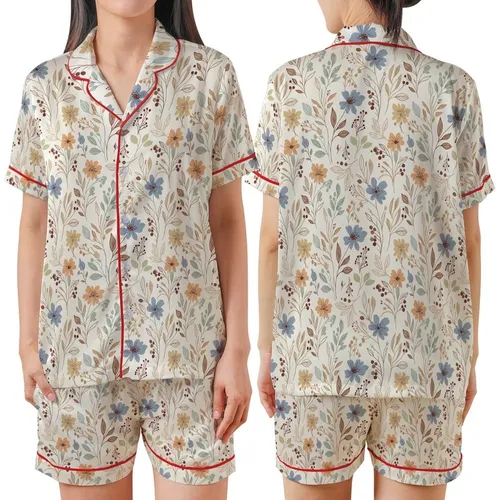 Vintage Botanical Creamy Muted Floral & Berry Hand-Drawn Design Satin Short-Sleeve Pajamas Set