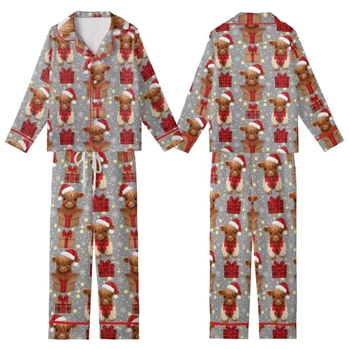 Fluffy Highland Calves: Red Santa Hats, Kraft Gift Boxes, Falling Snowflakes, Golden Bokeh Lights Kid Satin Pajamas Set