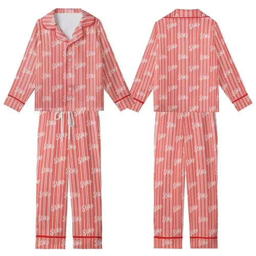Cozy Dreamer's Whimsical Sleep Script Coral Pink Striped Pattern with Eyelash E Kid Satin Pajamas Set