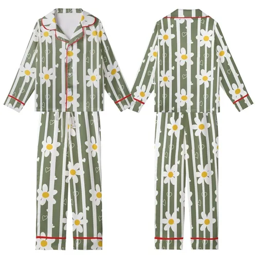 Nature Lover's Muted Olive Green Vertical Stripe Daisy Heart Kid Satin Pajamas Set