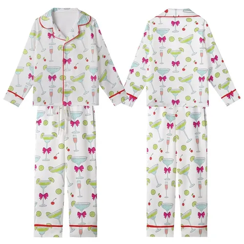 Cocktail Lover's Whimsical Martini Margarita Fuchsia Pink Lime Green Glasses Wearable Art Kid Satin Pajamas Set