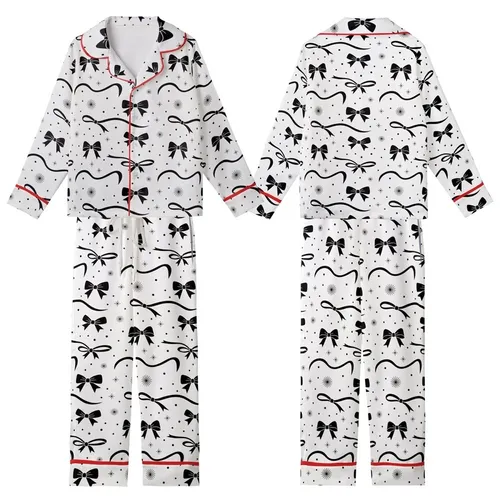 Elegant Black Bows & Flowing Ribbons Scattered Blouse with Star Accents Kid Satin Pajamas Set