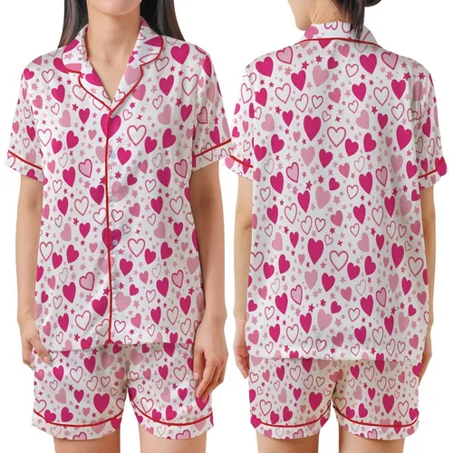 Whimsical Dreamer's Fuchsia Bubblegum Pink Hearts & Stars Floating Pattern Satin Short-Sleeve Pajamas Set