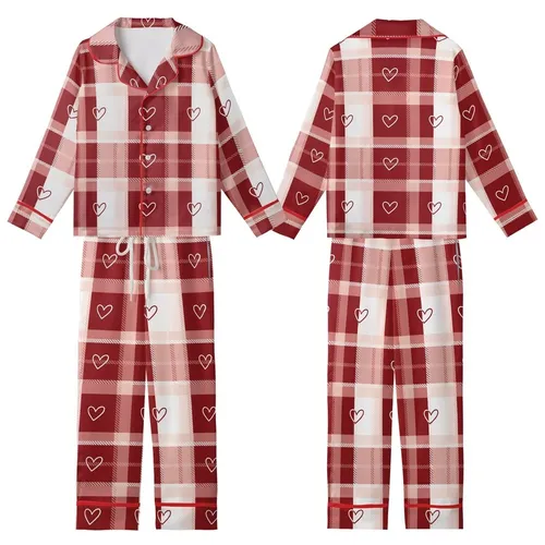Rich Red Tartan Plaid: White Blush Pink Outline Hearts Kid Satin Pajamas Set
