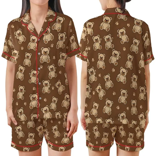 Teddy Bear Lover Cozy Loungewear: Adorable Chocolate Bear & Paw Print Design Satin Short-Sleeve Pajamas Set