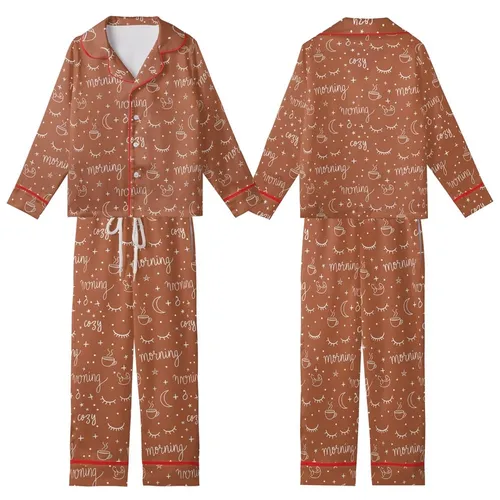 Cozy Morning Vibe: Warm Rust Whimsical Coffee Moon Star & Morning Kid Satin Pajamas Set
