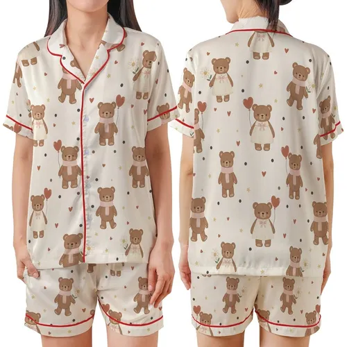 Cozy Teddy Bear Wonderland: Gentle Cocoa Bears, Red Hearts, Daisies & Star Polka Dot Design Satin Short-Sleeve Pajamas Set