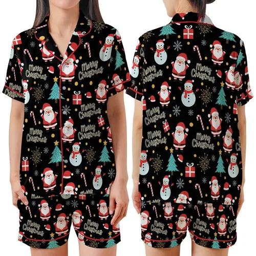 Whimsical Christmas: Vibrant Santa Snowmen Teal Trees Golden Merry Christmas Satin Short-Sleeve Pajamas Set