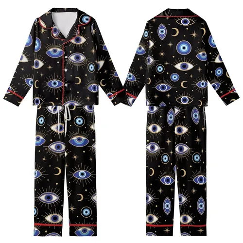 Mystical Evil Eye & Celestial Night: Deep Black, Royal Blue, Gold Moons & Stars Theme Kid Satin Pajamas Set