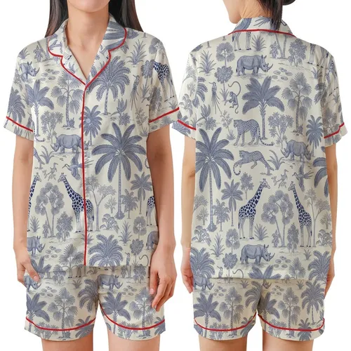 Safari Lover's Indigo Toile Safari: Lounging Leopards, Giraffes & Monkey Palm Jungle Satin Short-Sleeve Pajamas Set