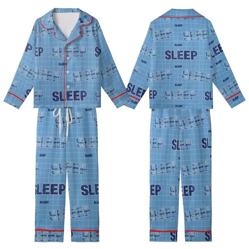 Dreamer's Relaxing Plaid 'SLEEP' Word Pattern: Navy, Cerulean & Sky Blue Grid Style Kid Satin Pajamas Set