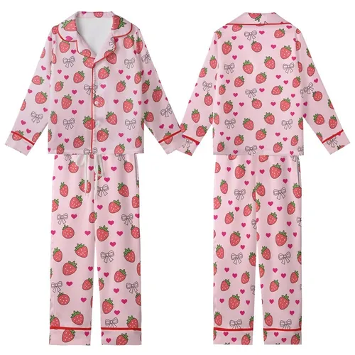 Red Strawberry, Pink Ribbon Bow & Fuchsia Heart Baby Pink Sleep Set Satin Short-Sleeve Pajamas Set