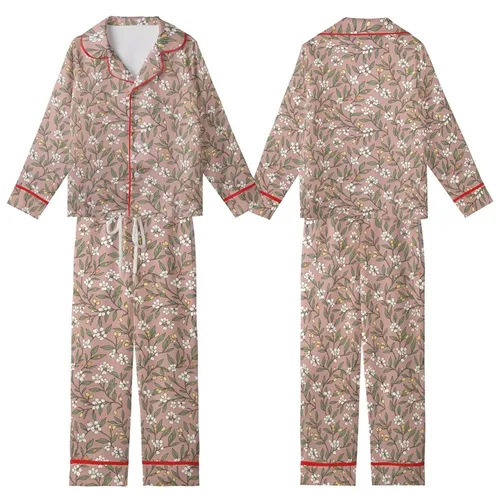 Botanical Enthusiast's Vintage Olive Leaf, Cream Flower & Berry Motif on Dusty Rose Kid Satin Pajamas Set