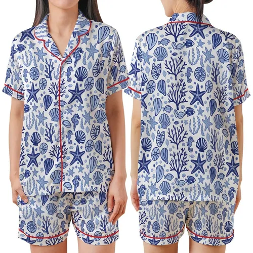 Oceanic Explorer's Hand-Drawn Indigo Blue & Sky Blue Seashell, Starfish, Coral Seaweed Pattern Wearable Satin Short-Sleeve Pajamas Set
