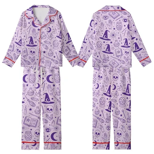 Fantasy Seeker Garment: Purple Occult Magic Pattern with Witch Hats, Crystal Balls & Skulls Kid Satin Pajamas Set