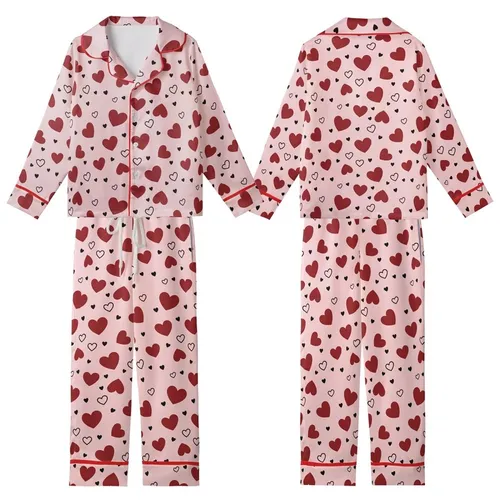 Sweetheart's Soft Pink Whimsical Scattered Maroon & Black Outlined Hearts Wearable Kid Satin Pajamas Set