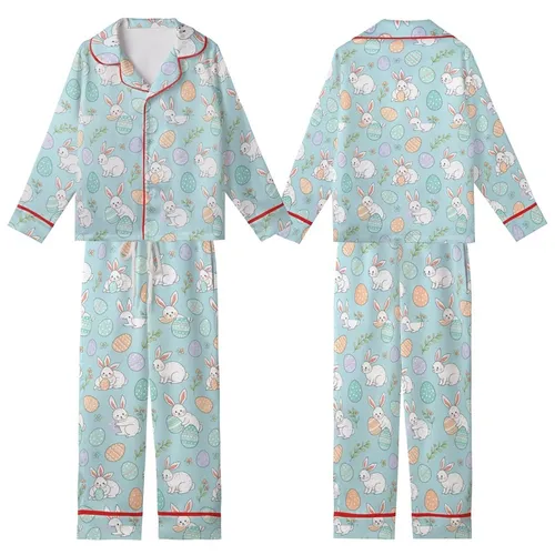 Vintage Children's Book Bunny & Pastel Easter Egg Motif - Sky Blue Kid Satin Pajamas Set