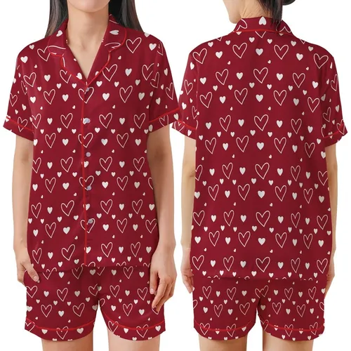 Romantic Elegance: Crimson Red White Scattered Abstract Heart Wearable Design Satin Short-Sleeve Pajamas Set