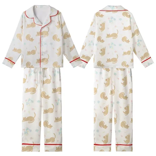 Whimsical Sleepy Cats with Pastel Blue Pink Flowers Creamy White Kid Satin Pajamas Set