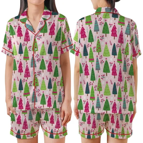 Whimsical Christmas Trees: Folk Art Polka Dot & Striped, Evergreen Sprigs, Pastel Pink Pattern Satin Short-Sleeve Pajamas Set